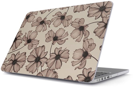MacBook avec une housse à imprimé floral marron sur fond taupe.