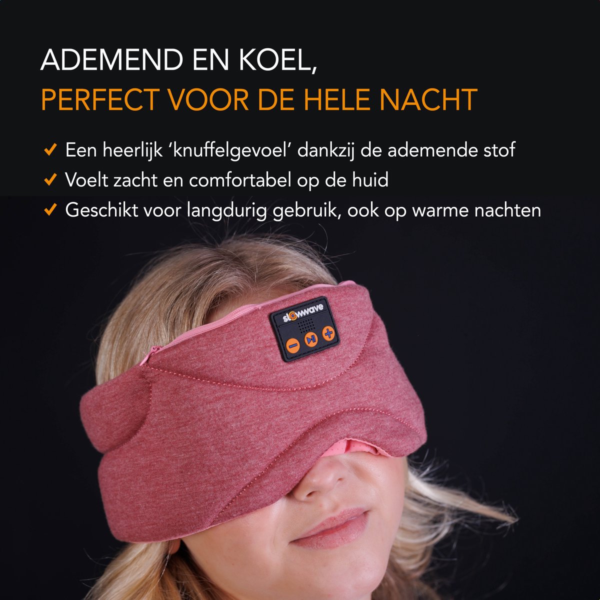 Slowwave Premium Bluetooth Slaapmasker - White Noise Versie (10 ingebouwde relax-geluiden) - Rose Quartz Edition - Met Binaural Beats - 100% verduisterend - Inclusief handige timer-functie - Koel en ademend - Platte 'spons speakers' voor zijslapers — afbeelding 4
