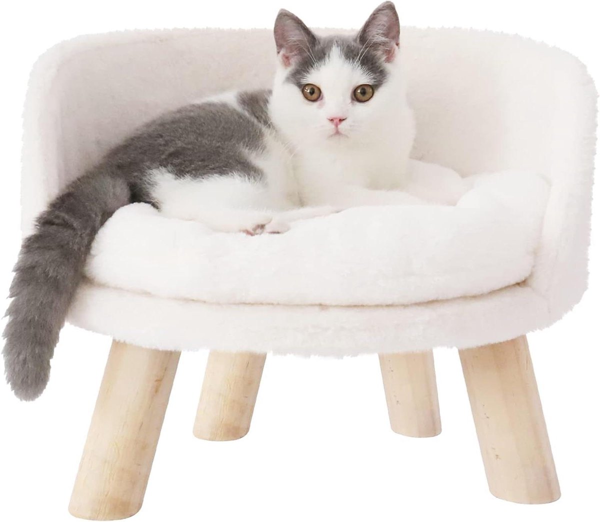 Verhoogd Scandinavisch huisdierstoelbed met afneembare waterdichte mat - Pluche vacht hond kitten bank met houten poten frame (Dia 40 cm)