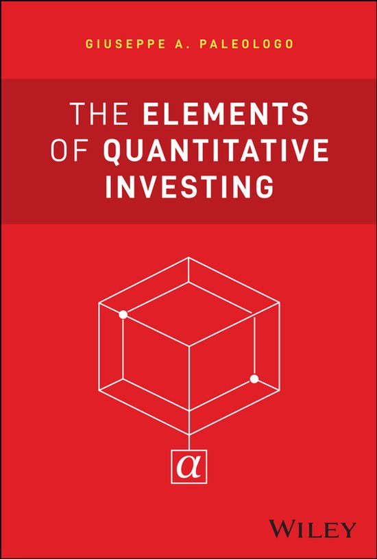 Boek "The Elements of Quantitative Investing" met een rode omslag en witte tekst en grafische elementen van een kubus met een alfa-symbool.