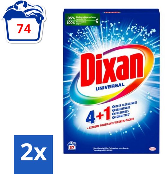 Dixan Universal - Waspoeder en Vlekverwijderaar - Extreme Power - Witte en Gekleurde Was - 37 Wasbeurten - Voordeelverpakking - 2 stuks