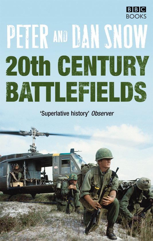 Boek '20th Century Battlefields' van Peter en Dan Snow, met soldaten en helikopter op de voorkant.