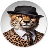 Cheeta met stijlvol pak en hoed - Cheeta rond schilderij - Ronde wandprint dieren - Surrealisme - Ronde print - Kunst - muurcirkel aluminium 100x100 cm