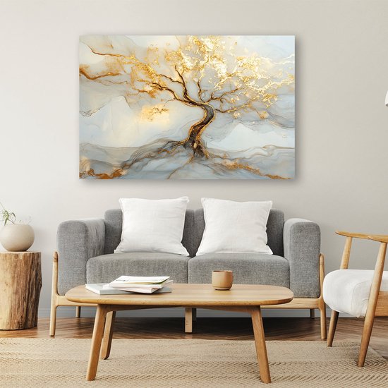 Arbre abstrait aux accents dorés - Peinture d'arbre sur toile - Art mural nature - Art abstrait - Peintures classiques - Art mural - toile 120x80 cm