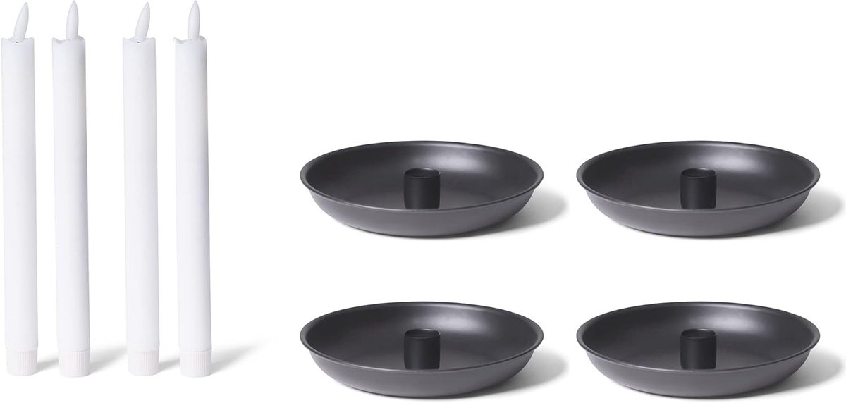 Novaliv 4X kaarsenhouders 15cm metalen stokkaarshouder ZWART met batterijgevoede stokkaarsen LED-kaarsen Premium tafelkaarsen Kaarsenhouder Adventskrans Kersttafeldecoratie Wit