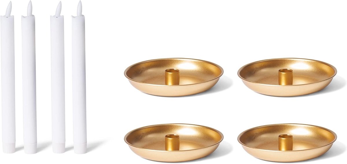 Novaliv Kandelaarkaarsen set van 4 goud 18 cm met LED premium staafkaars echte was op batterijen elektrisch Adventskrans kaarsenbordje scandic chic kaarsenhouder stokkaarshouder kerst
