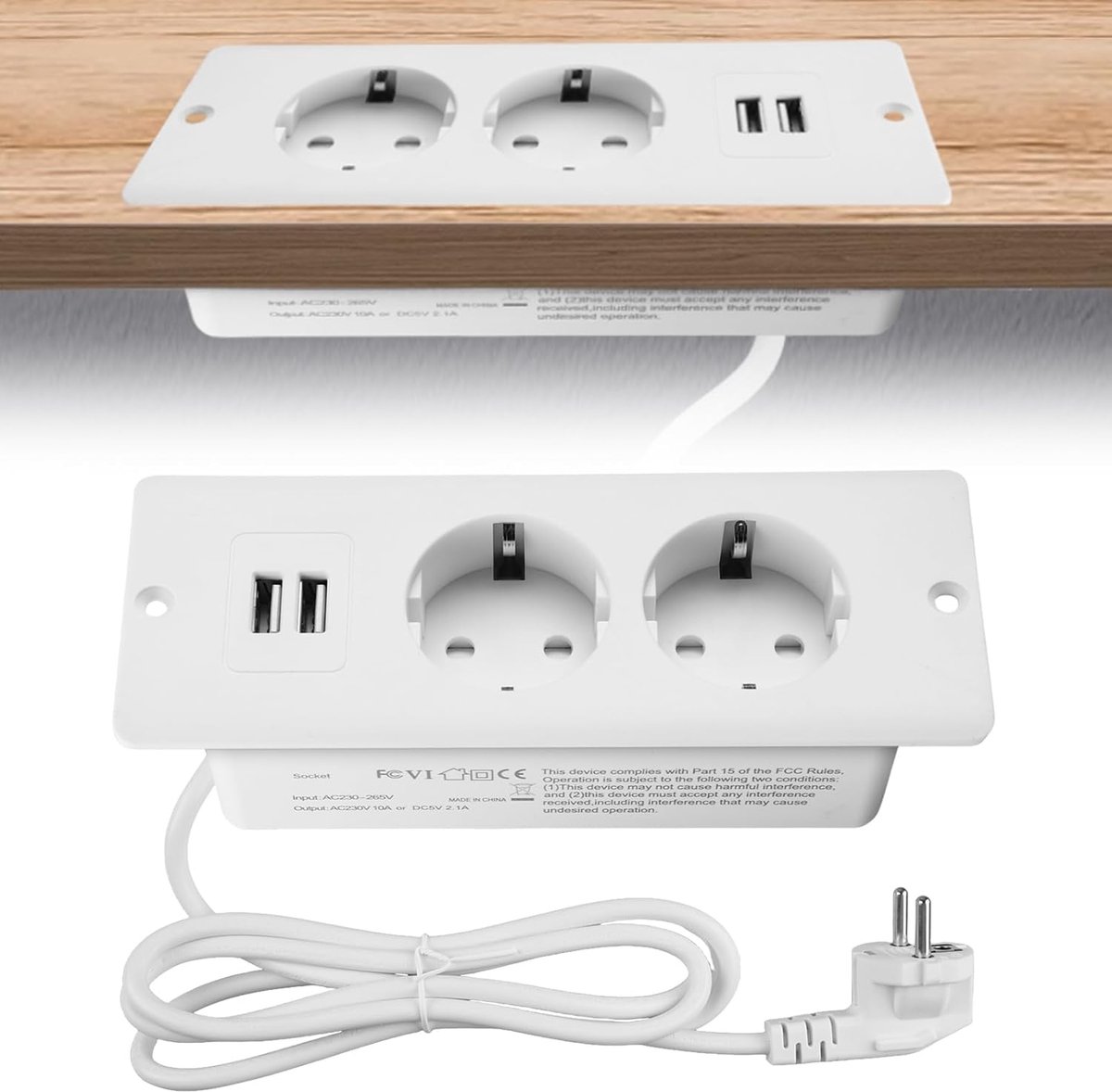 Inschuifbaar Tafelstopcontact met USB - 2 Stopcontacten, 1,5 m Kabel voor Werkblad