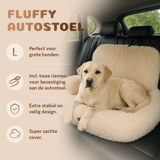 Siège auto Pet Perfect Fluffy pour chien - Panier de voiture avec sangles de sécurité - Panier 2 en 1 pour chien - Orthopédique - Antidérapant - Taille L - Beige