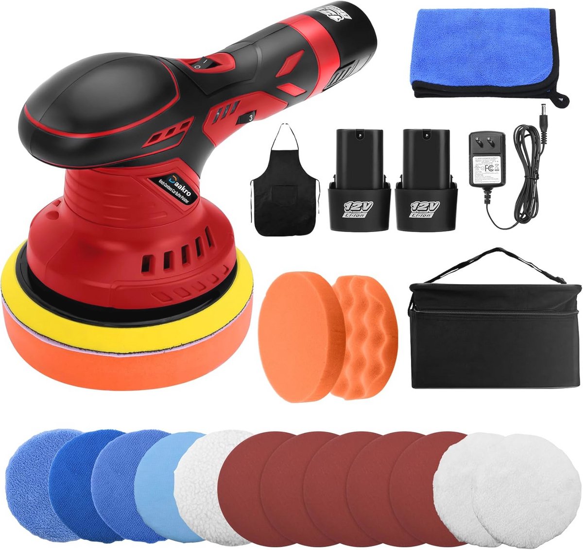 Polijstmachine met 2 accu's en opladers, 6 snelheden, 145 mm schijf, 17 polijstaccessoires