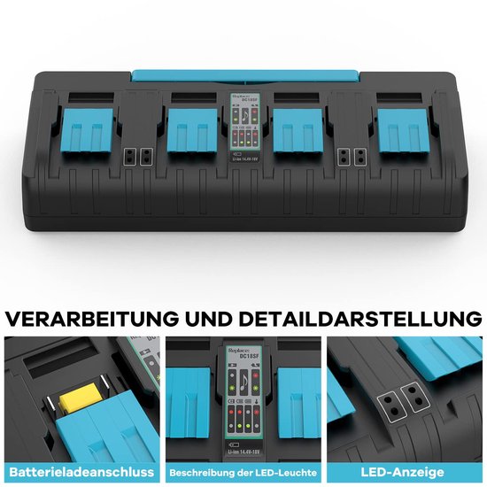Geschikt voor 14,4V-18V 4-poorts lader vervanging voor Makita DC18SF vier-poorts lader compatibel met Makita BL1850 BL1850B BL1860B BL1845 BL1840B BL1840 BL1830B serie 18V accu's van Merkloos	 — afbeelding 4