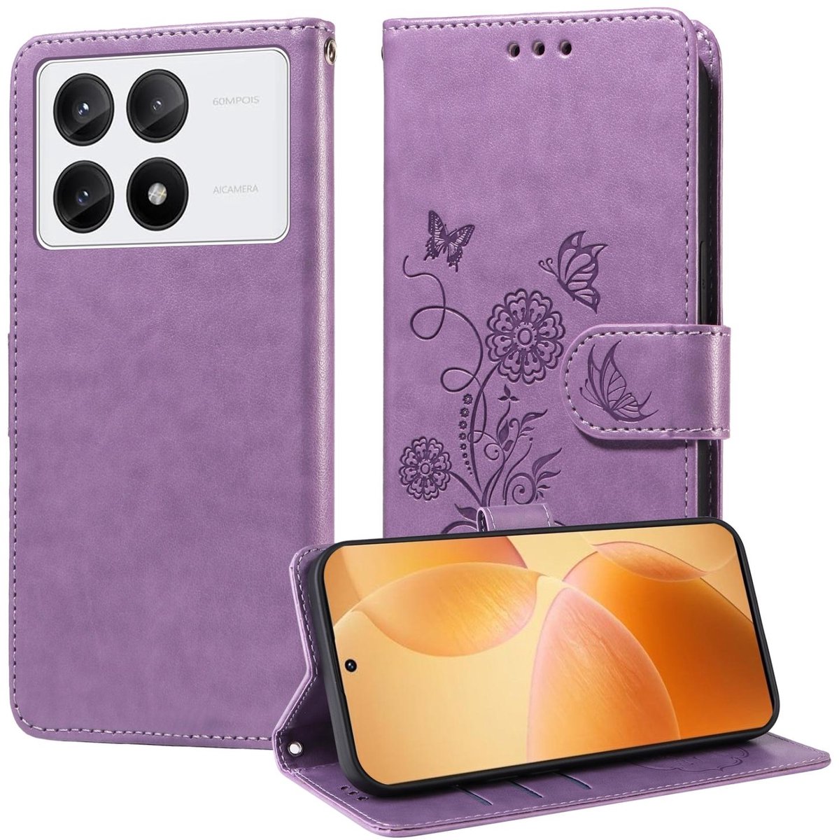 Mobigear Telefoonhoesje geschikt voor POCO X6 Pro Hoesje | Mobigear Flowers Bookcase Portemonnee | Pasjeshouder voor 3 Pasjes | Telefoonhoesje voor Pinpas / OV Kaart / Rijbewijs - Paars