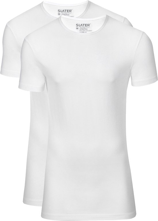 Twee witte Slater t-shirts met ronde hals en korte mouwen, 95% organisch katoen en 5% elastan.