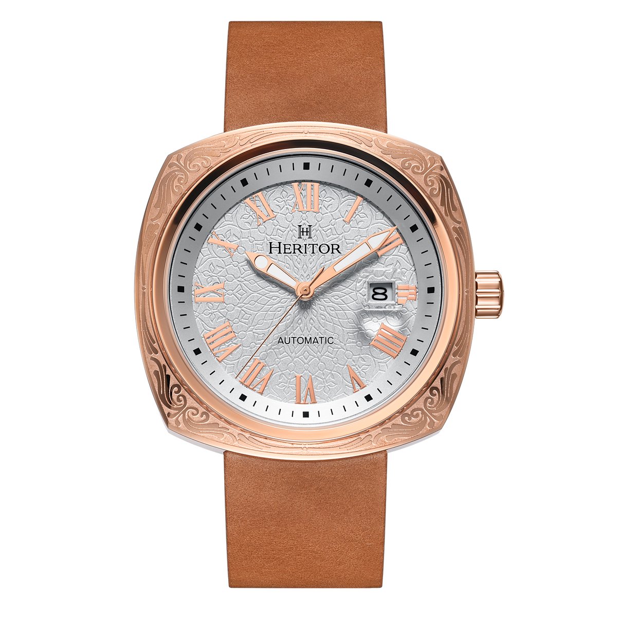 Heritor Automatic Davenport horloge met gegraveerde kast en leren band en datum - roségoud-lichtbruin
