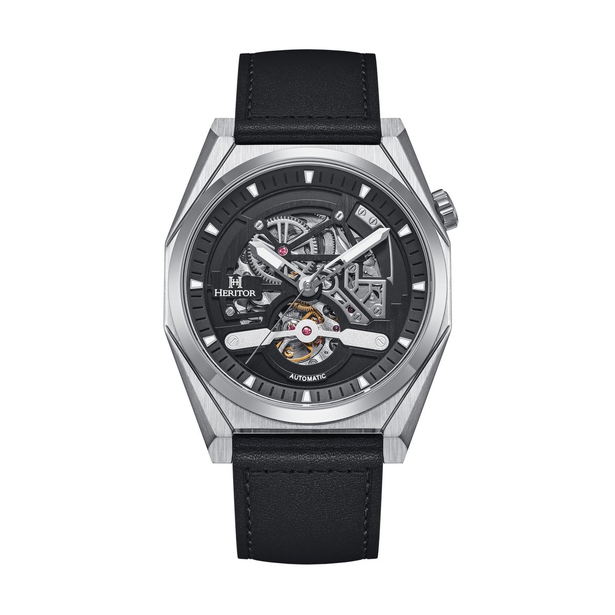 Heritor Automatic Amadeus Semi-Skelet leren band horloge - Zilver-Zwart