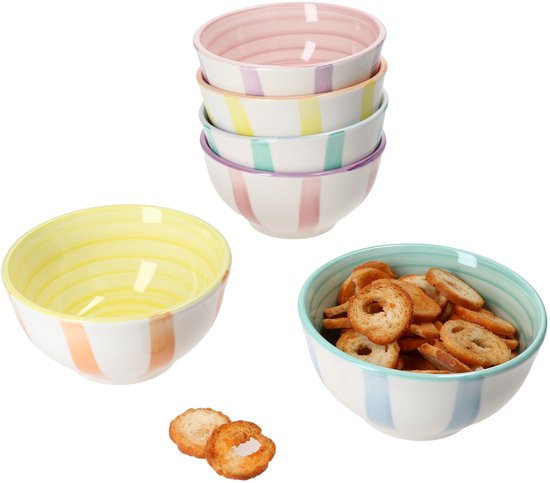 MamboCat Set van 6 BEACH PASTELLO STRIPES snack & dip kommen voor 6 personen gemaakt van steengoed - 24326129