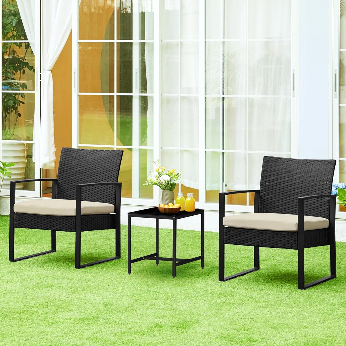 Balkonmeubelset, tuinmeubelset van PE-polyrotan, weerbestendig, incl. 2 stoelen met zitkussen en tafel, 3-delig terrasmeubel, zitgroep, loungeset voor balkon/terras/tuin, zwart + beige