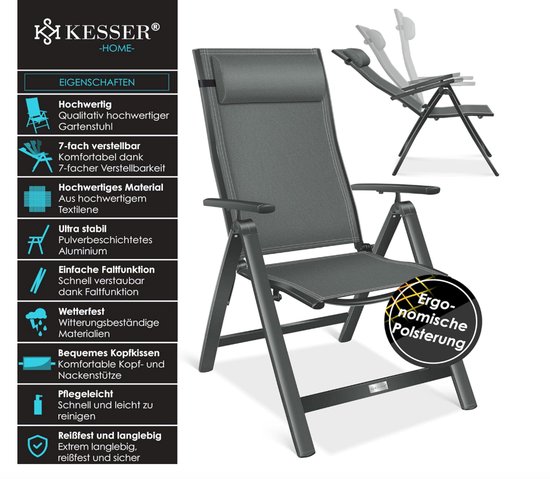KESSER® Tuinstoel met Armleuningen - Opklapbare Aluminium Ligstoel incl. Hoofdkussen - Campingstoel 7-voudig Verstelbare Rugleuning - Ademend & Weerbestendig - Opvouwbaar & Antislip Antraciet van KESSER — afbeelding 2