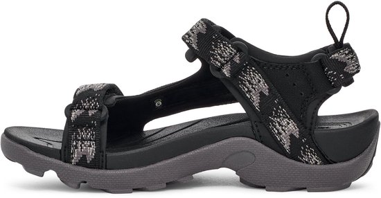 Zwarte Teva sandaal met grijze zool en bandjes met grijs camouflagepatroon. Zijaanzicht.