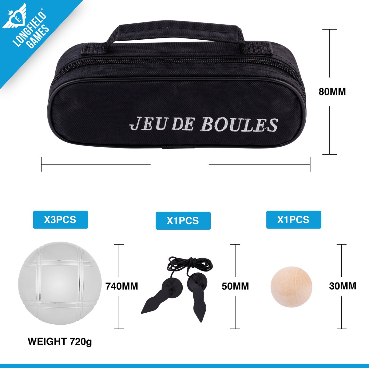 Metalen Jeu de Boules Set – 3 Ballen in Zwarte Rits Tas – Pétanque Set – Metalen Boules 74 mm 720 g – Inclusief But, Meetlint en Spelregels – Engelhart — afbeelding 2