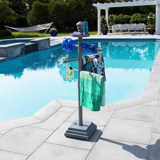 Strandhanddoek droogrek vrijstaand buiten, 4-laags metalen handdoekstangstandaard met plank, staand handdoekenrek voor buitenzwembad aan het zwembad (gouden 60 * 25 * 120cm