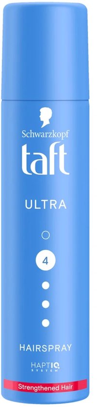 Blauwe spuitbus Taft Ultra haarlak. Met de tekst "HAIRSPRAY" en "HAPTIQ SYSTEM" op de voorkant.