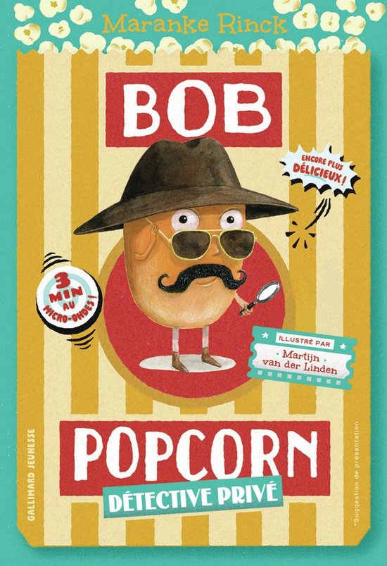 Boekcover met een aardappel als detective. Tekst: Bob Popcorn Détective Privé.