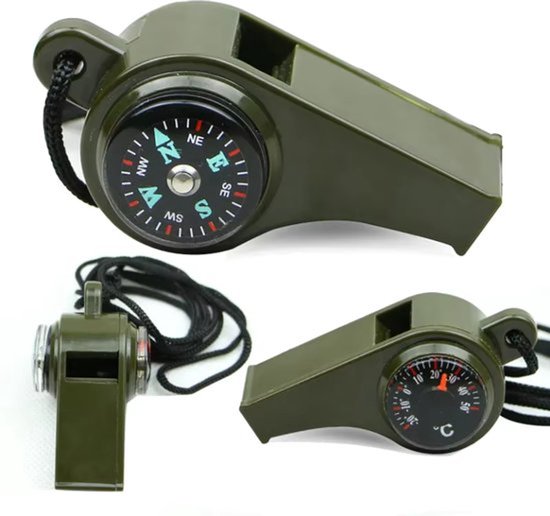 7-in-1 noodfluit, met led-lichtthermometer, kompas, survival, multitool-fluitje, noodgeval, met sleutelkoord, voor kamperen, wandelen, jagen, vissen, avontuur (grijs