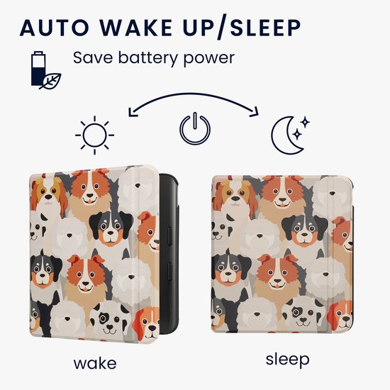 kwmobile e-reader hoesje geschikt voor Kobo Libra Colour hoes - E reader flip case met magnetische sluiting - Ereader cover - Honden Ontwerp design in wit / lichtbruin / grijs van Merkloos — afbeelding 2