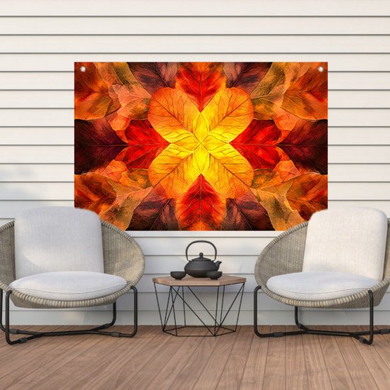 Symmetrische herfstbladeren in kleur - Herfstblad posters - Poster van buiten bladeren - Abstract - Decoratie voor buitenmuren - Decoratie muur - tuinposter 45x30 cm