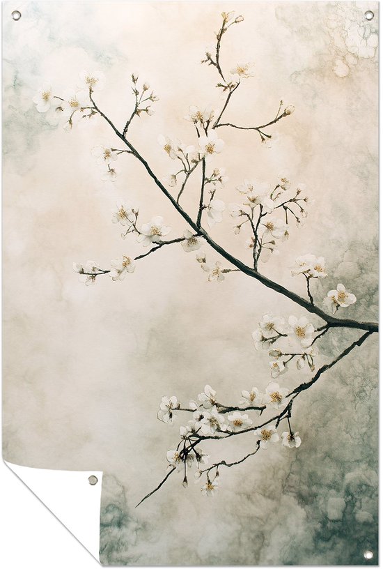 Bloesemtakken tegen zachte achtergrond - Bloesem tuindecoratie - Poster van buiten bloemen - Aquarel - Muurdecoratie buiten - Tuinposter voor schutting - tuinposter 50x75 cm