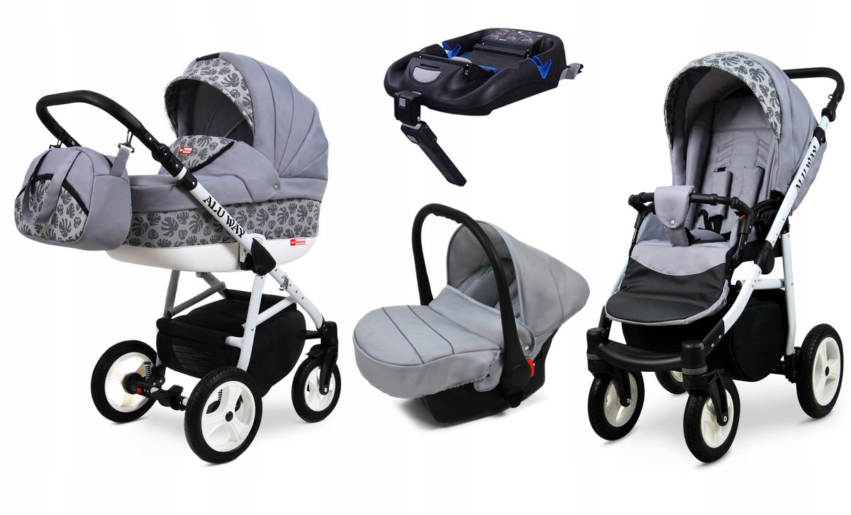 BabyLux® Kinderwagen 4in1 – ALUWAY - SILVER LEAF - Opklapbare Wandelwagen incl. Reiswieg, Multifunctionele Buggy Sportstoel, Autostoel, ISOFIX basisstation - Combi-kinderwagen met Luiertas, Regenhoes, Klamboe
