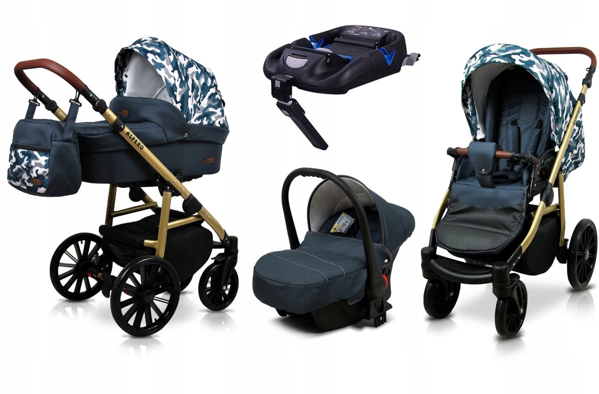 BabyLux® Kinderwagen 4in1 – ASPERO - GREY MORO - Opklapbare Wandelwagen incl. Reiswieg, Multifunctionele Buggy Sportstoel, Autostoel, ISOFIX basisstation - Combi-kinderwagen met Luiertas, Regenhoes, Klamboe