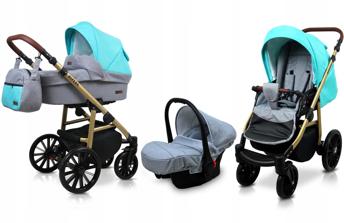 BabyLux® Kinderwagen 3in1 – ASPERO - SILVER MINT - Opklapbare Wandelwagen incl. Reiswieg, Multifunctionele Buggy Sportstoel, Autostoel - Combi-kinderwagen met Luiertas, Regenhoes, Klamboe, Bekerhouder, etc.