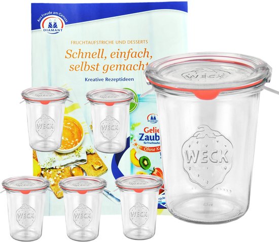 Set van 6 Weck potten 850ml, 3/4L bekers met 6 glazen deksels, 6 inmaakringen en 12 klemmen inclusief geleermagie receptenboekje van Diamantzucker