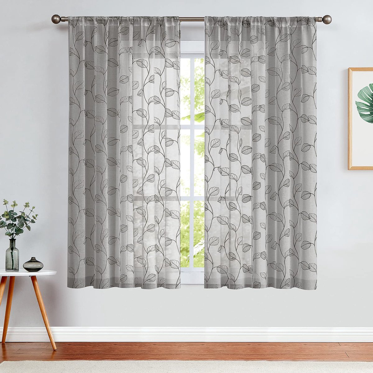 Unyqoos Elegante Lichtdoorlatende Gordijnen met Bladeren Borduursel voor Woon- en Slaapkamer, Set van 2, Grijs, 140 x 145 cm