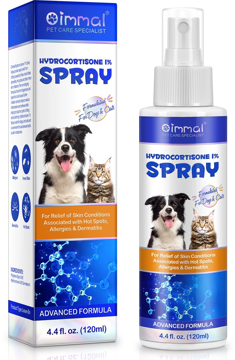 HYDRO CORTISONE SPRAY - anti jeuk voor hond en kat - tegen jeuk door dermatitis, allergieën, geïrriteerde en rode huid, insectenbeten - brengt verlichting en verkoeling van de geïrriteerde huid - doorbreekt de cyclus van bijten en krabben - 120 ml
