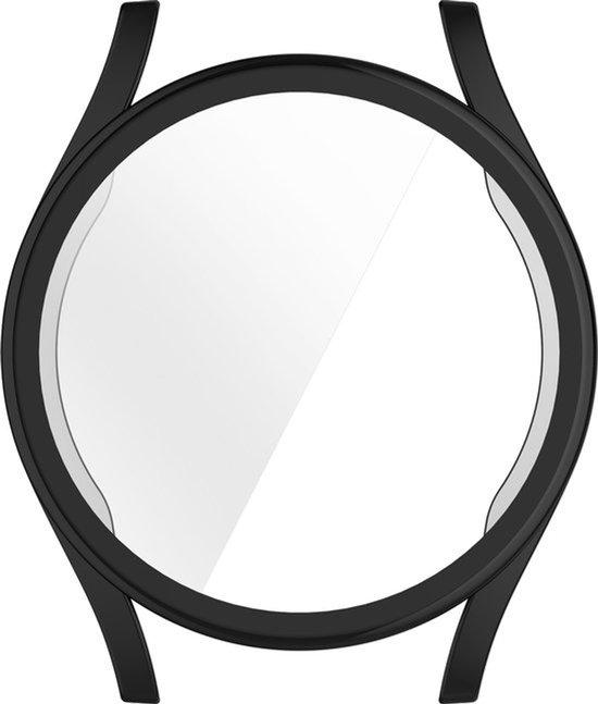 Zwarte TPU hoes met glazen schermprotector, vooraanzicht.