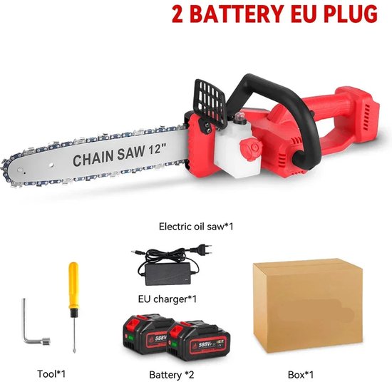 Elektrische Kettingzaag - met Accu - Snoeischaar - Handbediend- 12 Inch - 6600W - 20000RPM - Draadloos - Borstelloos - Snijden - Compatibel met 18V Accu - voor Tuinonderhoud - Renovatie - 2 Batterij van Merkloos	 — afbeelding 2