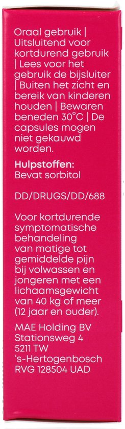 Zijkant doosje met gebruiksinstructies en ingrediënten. "Oraal gebruik | Uitsluitend voor kortdurend gebruik..."