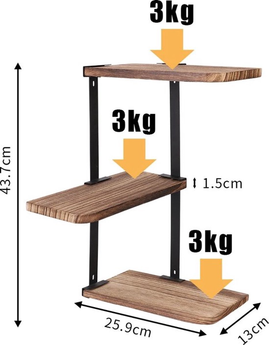 Gran Vida® - Hoekrek Industrieel - Wandmontage - Metaal & Grenenhout - Zwart/Bruin