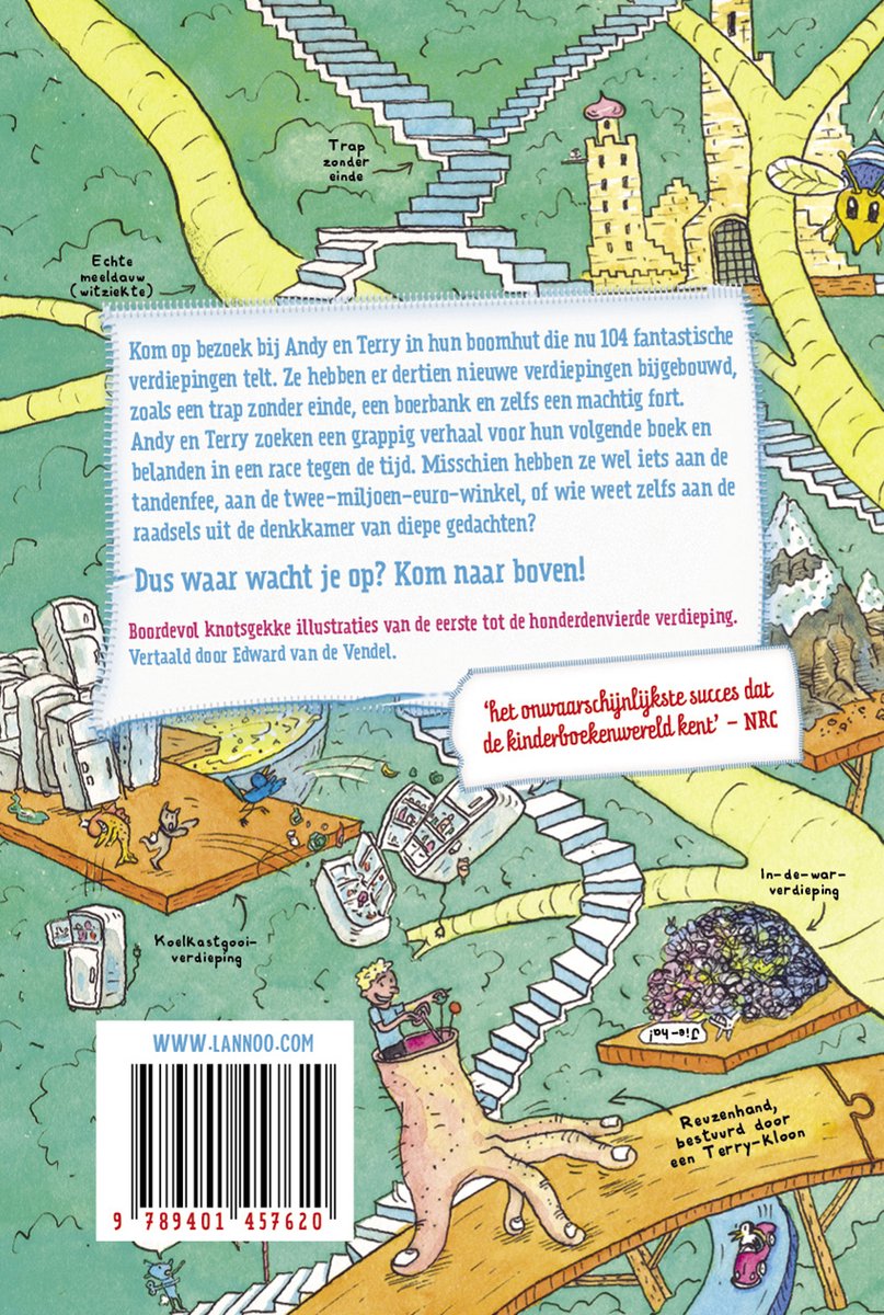 Achterkant van "De waanzinnige boomhut van 104 verdiepingen" met illustratie van de boekomslag en tekst.