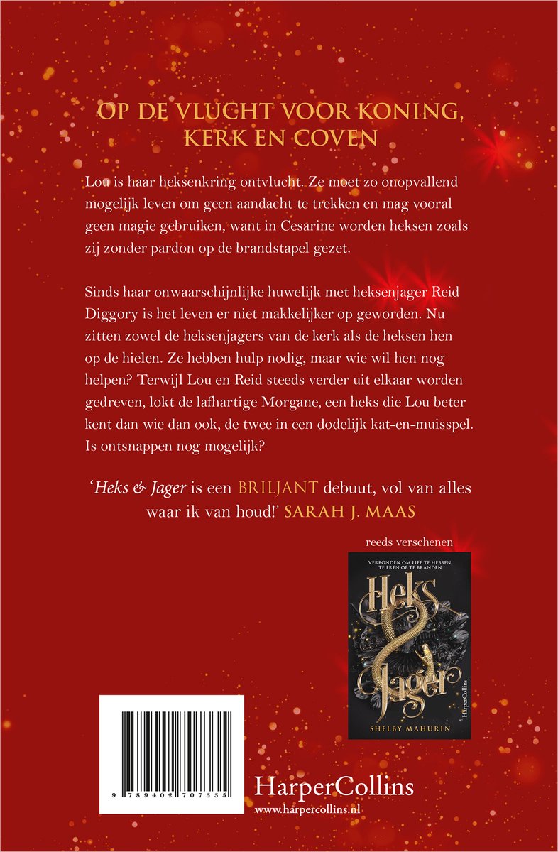 Achterkant van het boek 'Bloed & Honing' met tekst en een klein boekje met de titel 'Heks & Jager'.