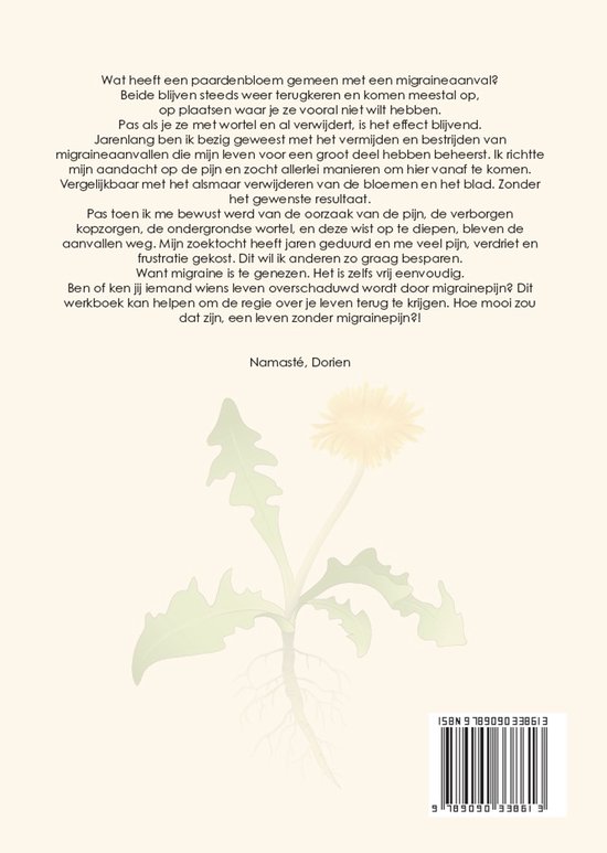 Achterkant van het boek 'Migraine verborgen kopzorgen' met een illustratie van een paardenbloem en tekst.