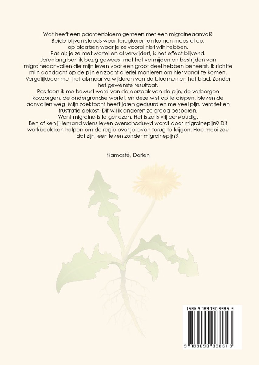 Achterkant van het boek 'Migraine verborgen kopzorgen' met een illustratie van een paardenbloem en tekst.