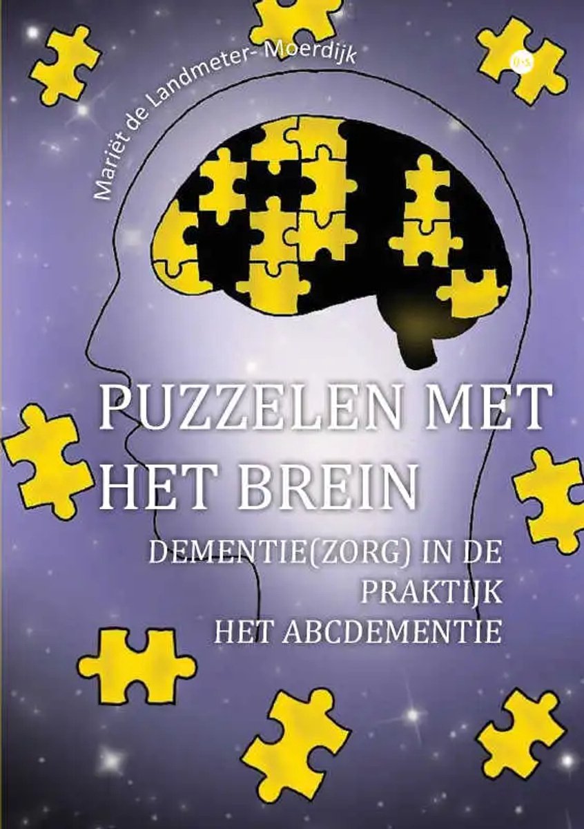 Boekomslag 'Puzzelen met het brein', met een hoofd met puzzelstukjes en gele puzzelstukjes verspreid.
