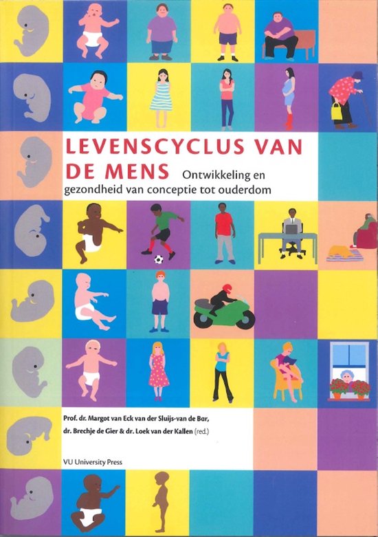 Boekomslag 'Levenscyclus van de mens' met kleine illustraties van baby's, kinderen, volwassenen en ouderen.