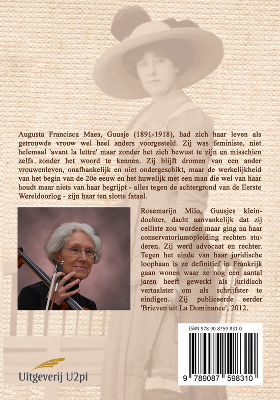 Boek met op de cover een portret van een oudere vrouw en een citaat over Augusta Francisca Maes. Op de achterkant staat haar portret met viool.