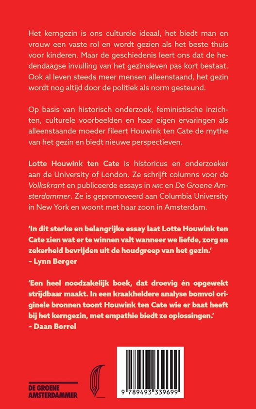Boekomslag met de titel 'De mythe van het gezin' en de naam 'Lotte Houwink ten Cate'.