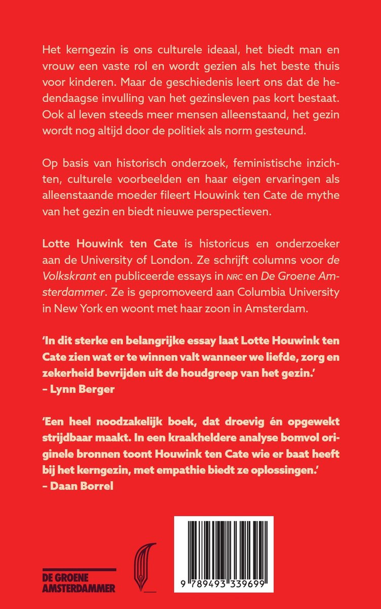 Boekomslag met de titel 'De mythe van het gezin' en de naam 'Lotte Houwink ten Cate'.