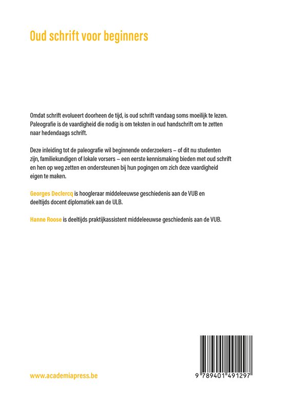 Dos du livre 'Oud schrift voor beginners' avec texte et code-barres.